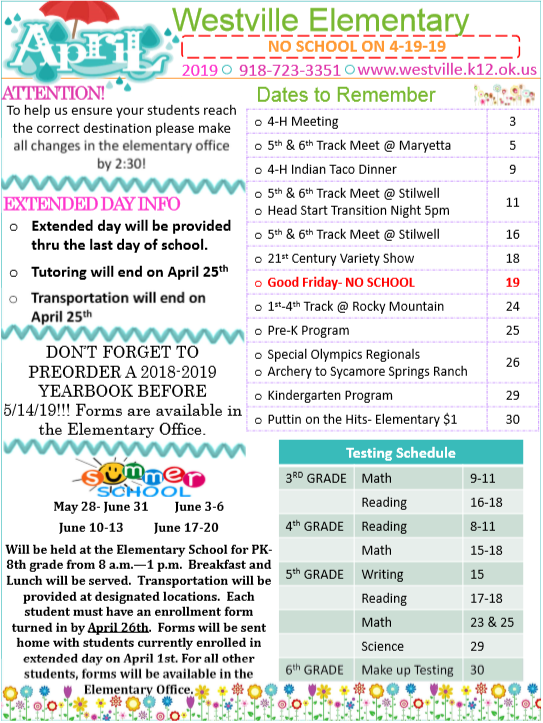 April Elementary Newsletter Westville Public Schools