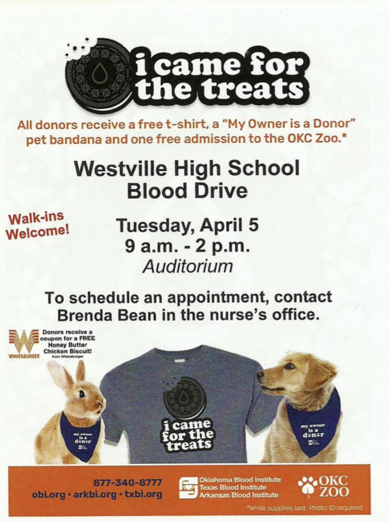Westville High School Blood Drive Tuesday, April 5th 9a.m. - 2p.m. 