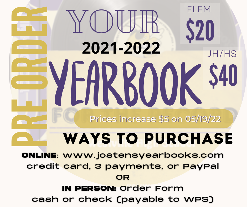 Yearbook Pre- Order Elementary $20 JH/HS $40