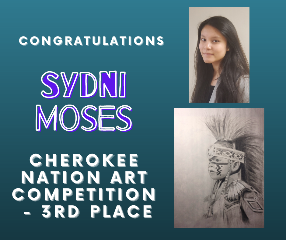 picture of a student and her drawing of a native american baby